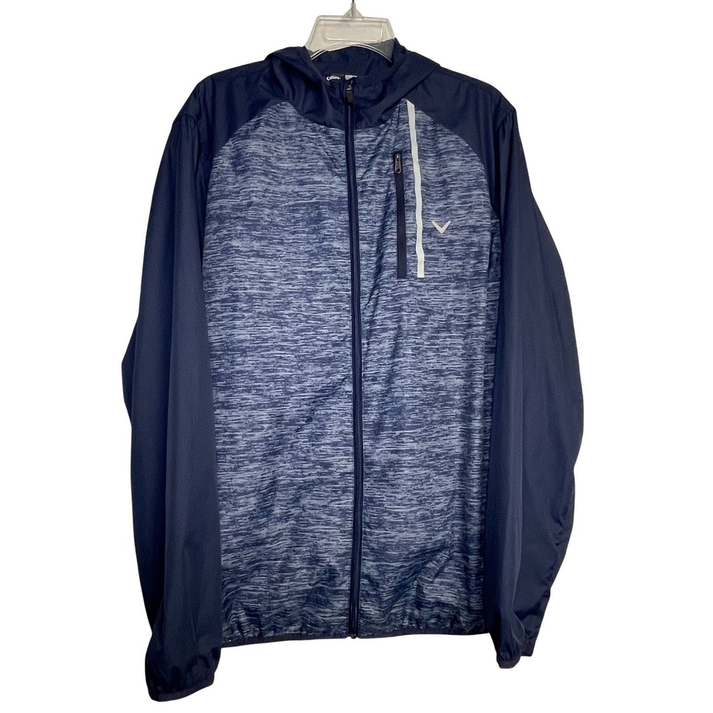 Callaway Mens Large Navy Blue Space Dye Hooded Golf Windbreaker Jacket ST3479